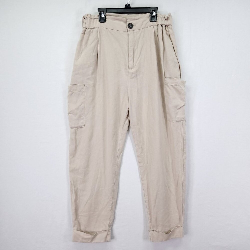 ZARA Cargo Pants Size 6 Beige Linen Blend Pleated Cuffed Utility Pockets Cropped